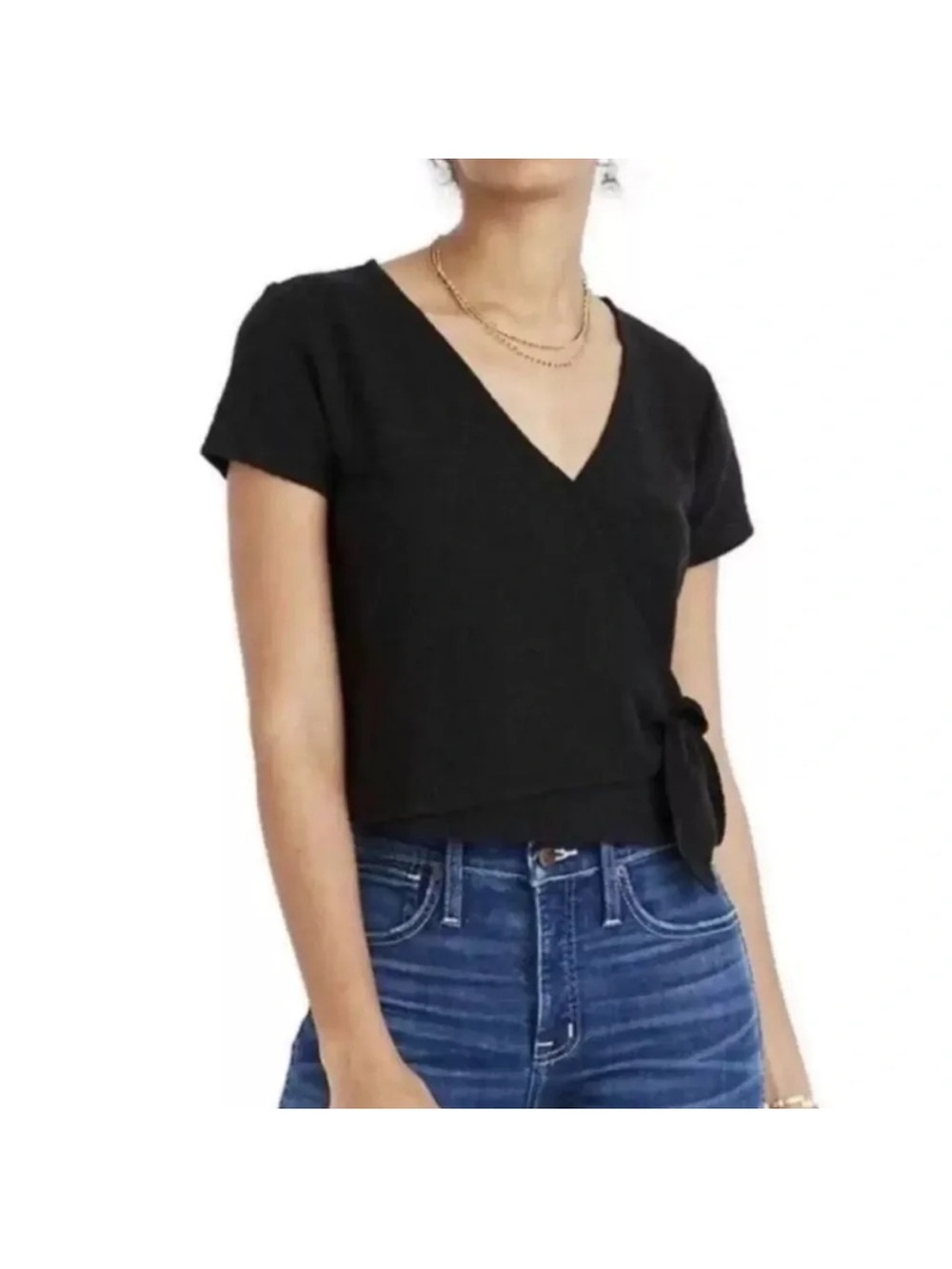 Madewell Texture & Thread Wrap-Tie Short Sleeve Top in Black Plus Size XXL